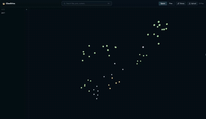 ClawDrive 3D file cloud demonstration — searching for files and flying through the 3D visualization
